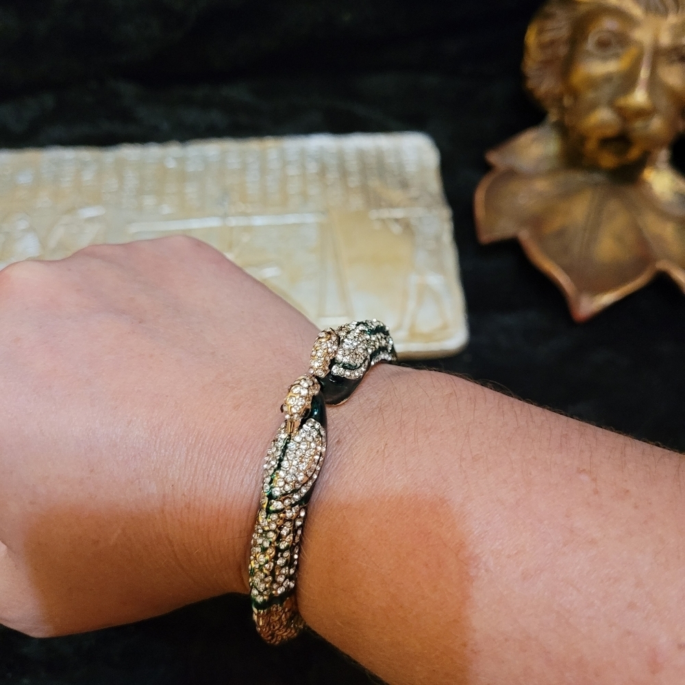 SOLD Amrita Singh Rare Red Austrian Crystal Emerald Peacock Gold Hinge Bracelet - Picture 16 of 16
